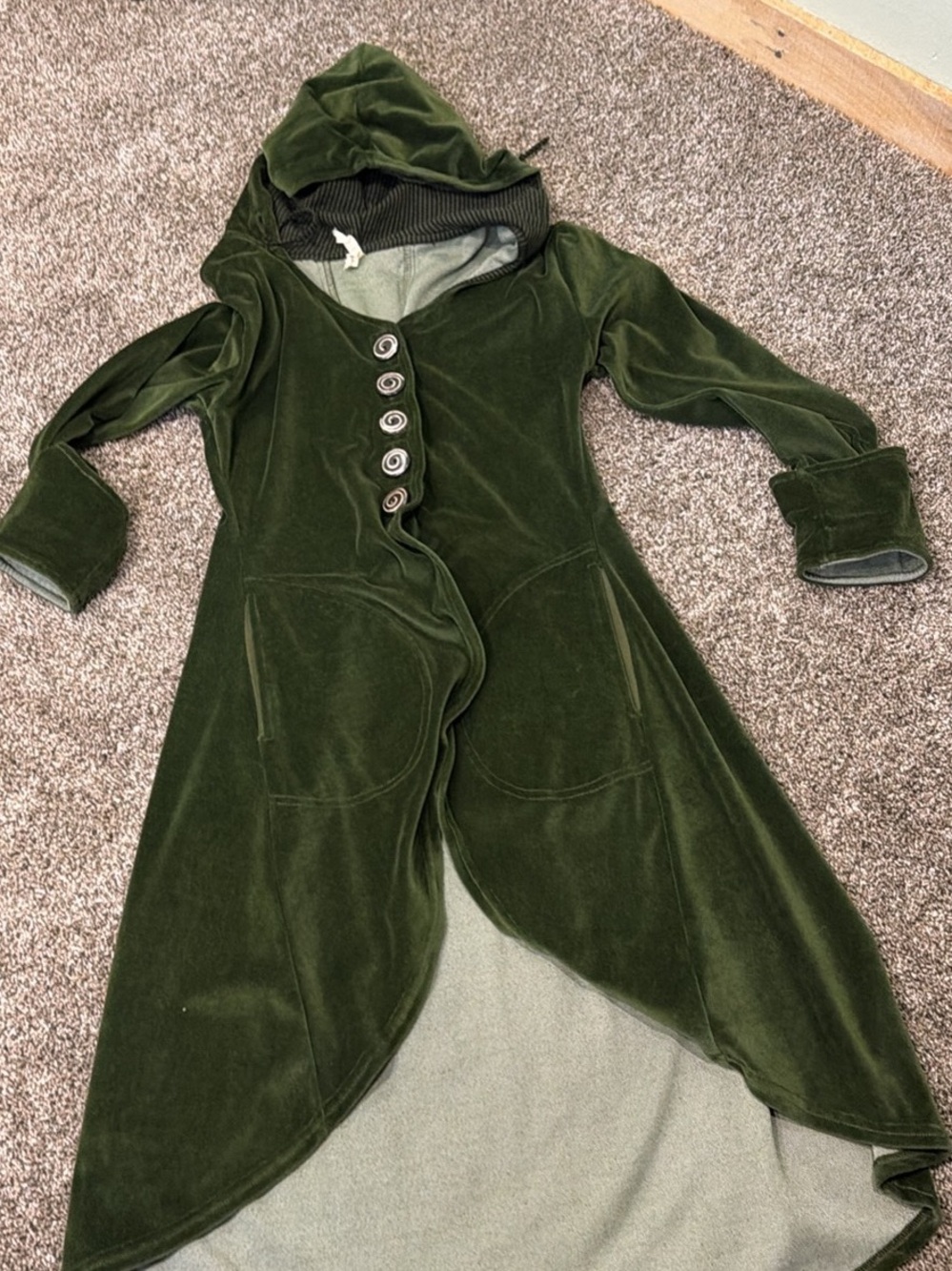 Hooded Velvet Long Cardigan in Olive Green